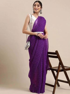 KALINI Purple & White Bandhani Pure Georgette Bandhani Saree