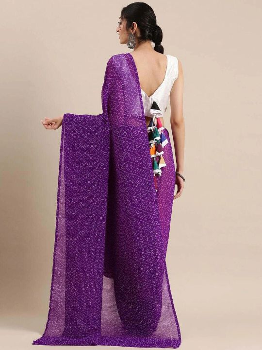 KALINI Purple & White Bandhani Pure Georgette Bandhani Saree