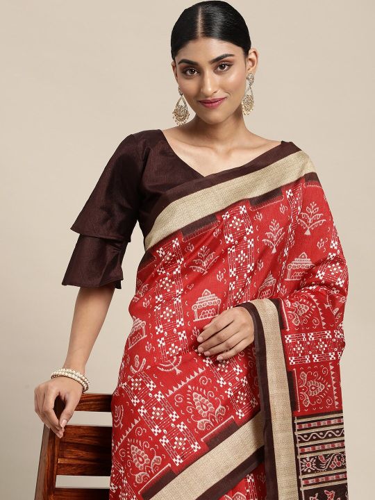 KALINI Red & White Ethnic Motifs Art Silk Sambalpuri Saree
