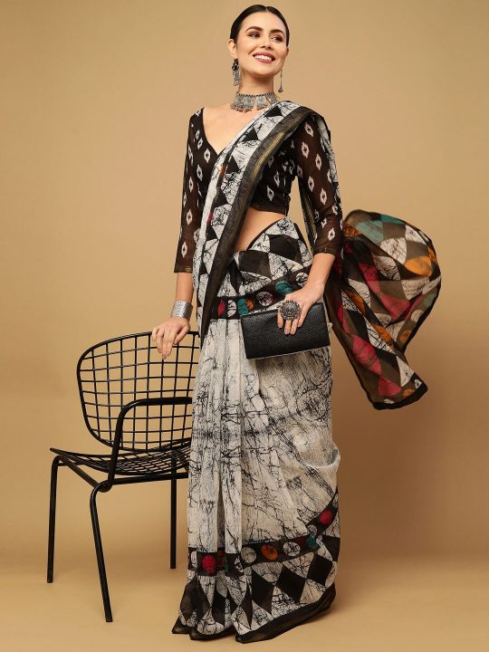 KALINI White & Gold-Toned Zari Saree