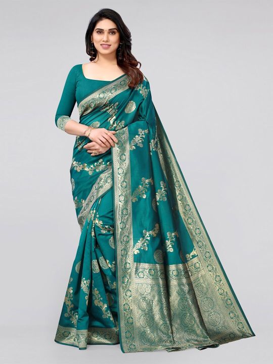 KALINI Women Green & Gold-Toned Woven Design Zari Silk Blend Banarasi Saree