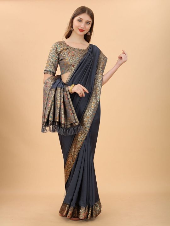KALINI Women Grey & Gold-Toned Pure Silk Saree
