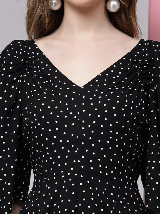 KASSUALLY V- Neck Polka Dot Printed Cotton Basic Jumpsuit