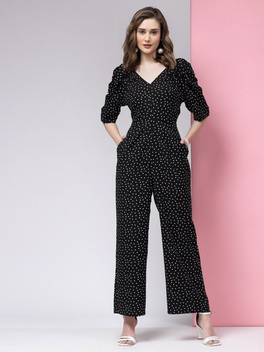 KASSUALLY V- Neck Polka Dot Printed Cotton Basic Jumpsuit