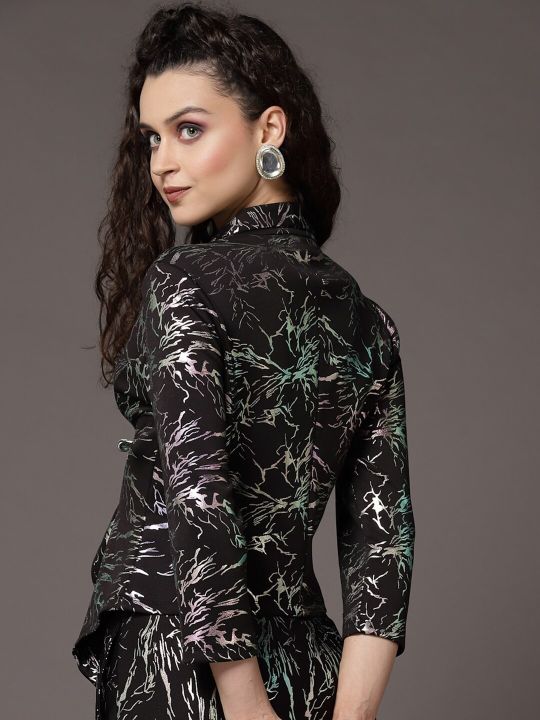 KASSUALLY Women Black Printed Shawl Collar Blazers