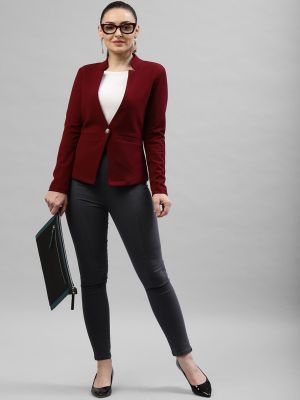 KASSUALLY Women Burgundy Solid Single-Breasted Canton Blazer
