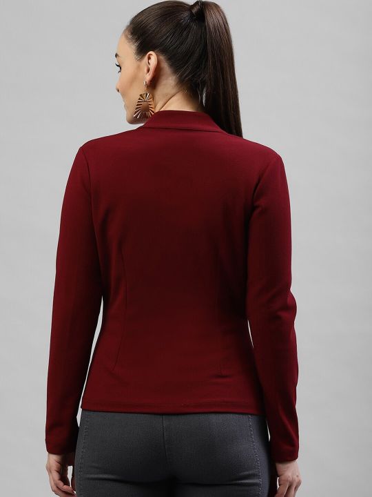 KASSUALLY Women Burgundy Solid Single-Breasted Canton Blazer