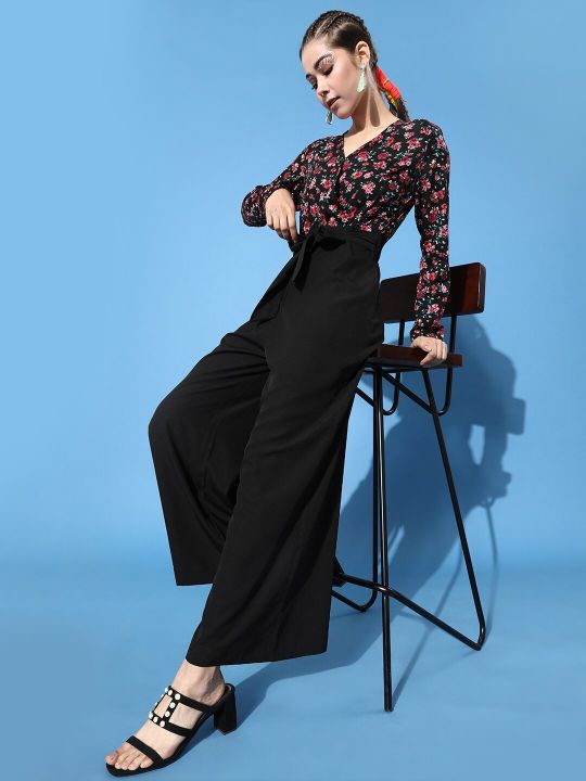 KASSUALLY Women Stylish Black Printed Elevated Bottom Jumpsuit