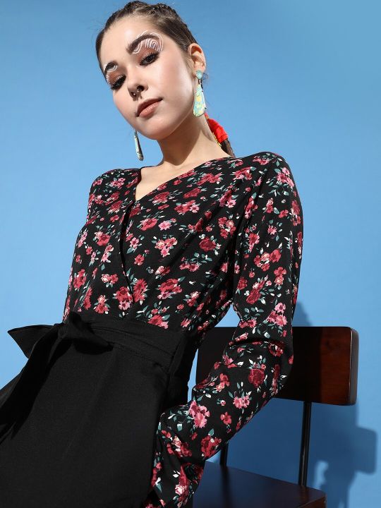 KASSUALLY Women Stylish Black Printed Elevated Bottom Jumpsuit