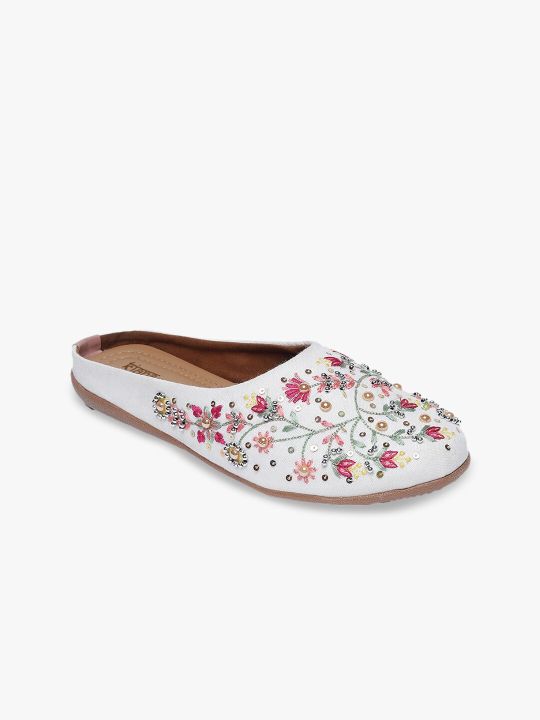 Kiana Women White & Pink Embellished Ethnic Mules Flats