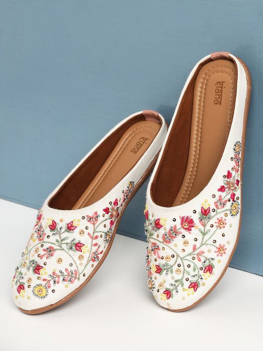 Kiana Women White & Pink Embellished Ethnic Mules Flats