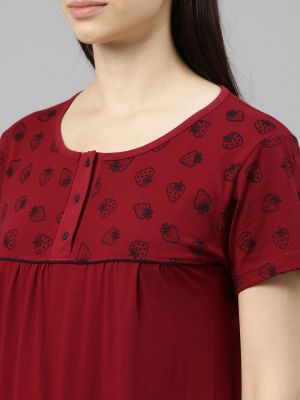 Kryptic Women Maroon Printed Cotton Nightdress