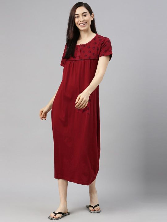 Kryptic Women Maroon Printed Cotton Nightdress