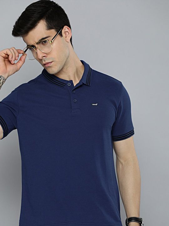 Levis Men Dark Blue Solid Polo Collar Pure Cotton T-shirt