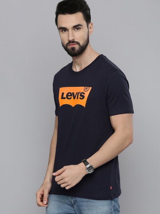 Levis Men Navy Blue & Orange Brand Logo Printed Pure Cotton Casual T-shirt