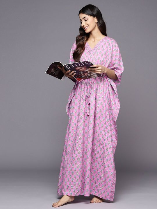 Libas Floral Motifs Printed Pure Cotton Maxi Kaftan Nightdress