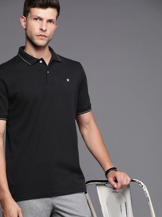 Louis Philippe Men Black Solid Polo Collar Pure Cotton T-shirt