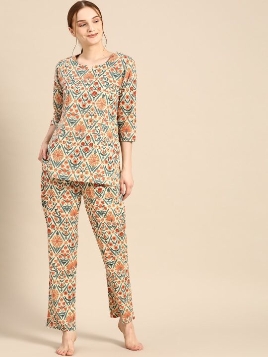 MABISH by Sonal Jain Women Beige & Orange Printed Pure Cotton Night suit