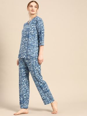 MABISH by Sonal Jain Women Navy Blue & Off White Printed Night suit