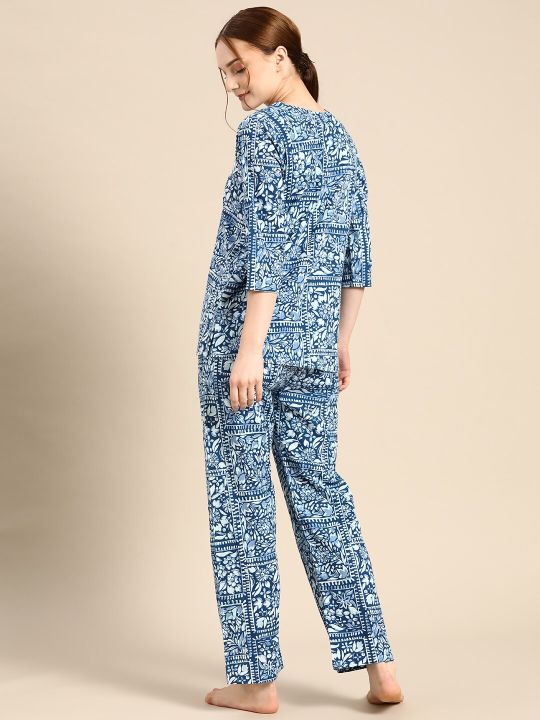 MABISH by Sonal Jain Women Navy Blue & Off White Printed Night suit