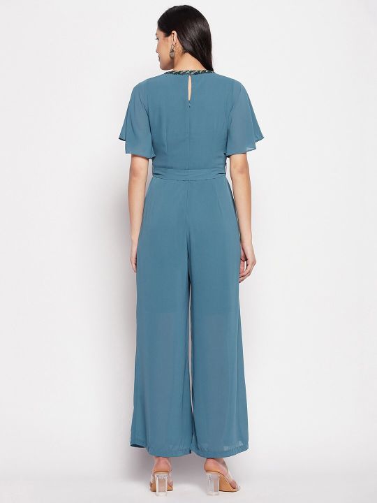 Madame Flutter Sleeves Waist-Tie-Up Basic Jumpsuit