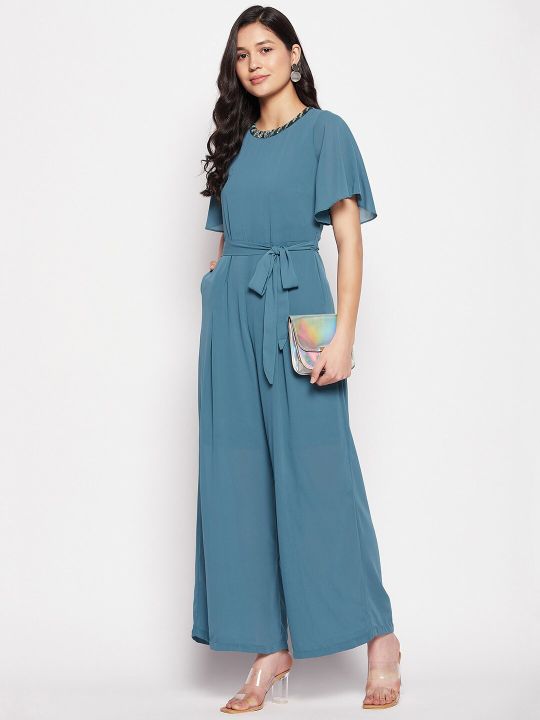 Madame Flutter Sleeves Waist-Tie-Up Basic Jumpsuit