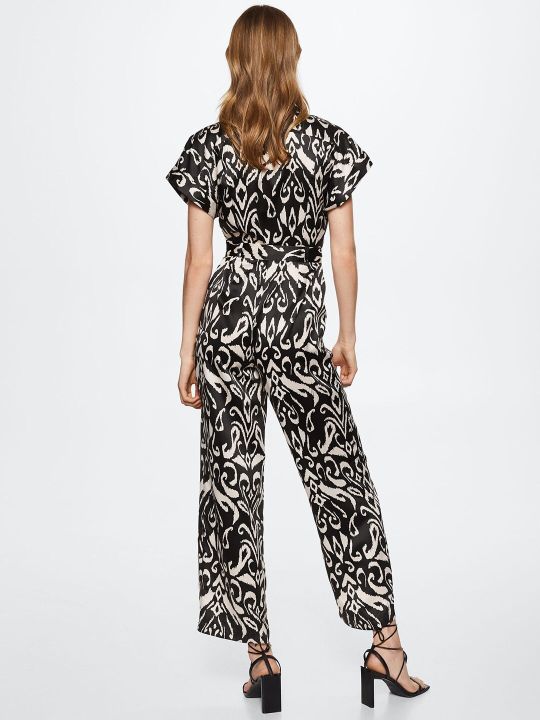MANGO Black & Off-White Abstract Print Basic Jumpsuit
