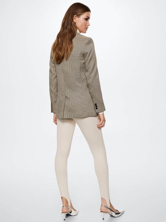 MANGO Women Beige & Black Houndstooth Design Double Breasted Blazer