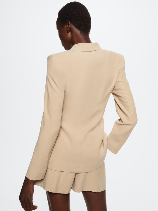 MANGO Women Beige Solid Double-Breasted Bow Pattern Sustainable Blazer