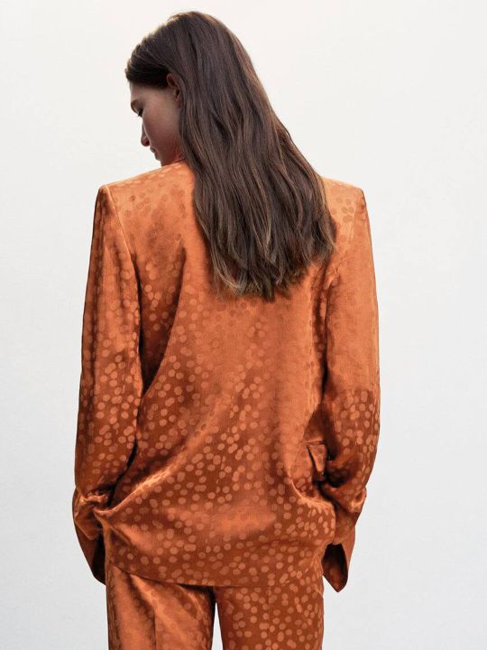 MANGO Women Geometric Print Satin Single-Breasted Smart Casual Blazer
