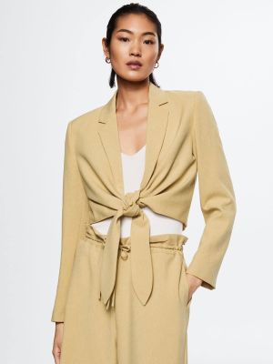 MANGO Women Khaki Solid Knot Detail Sustainable Crop Blazer