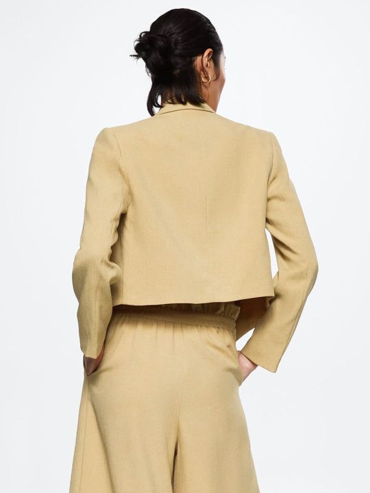 MANGO Women Khaki Solid Knot Detail Sustainable Crop Blazer