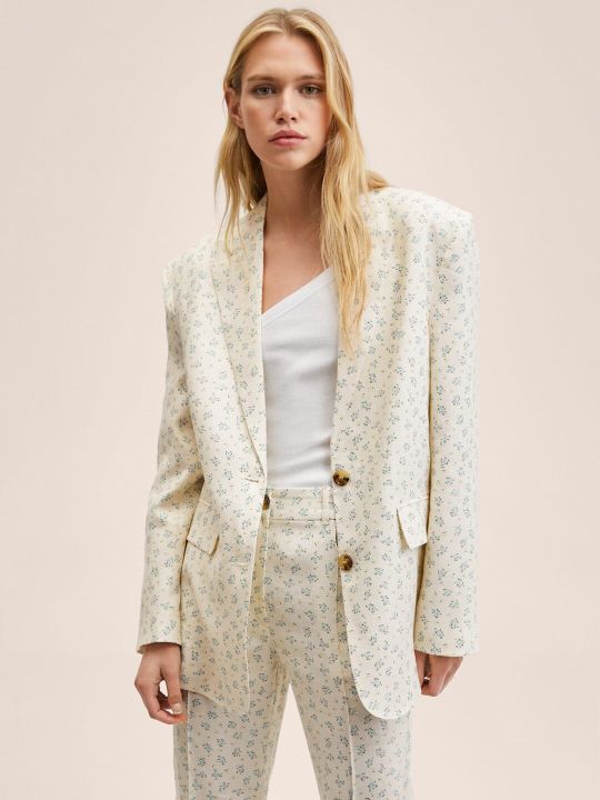 MANGO Women Off-White & Blue Floral Print Oversized Single-Breasted Smart Casual Blazer