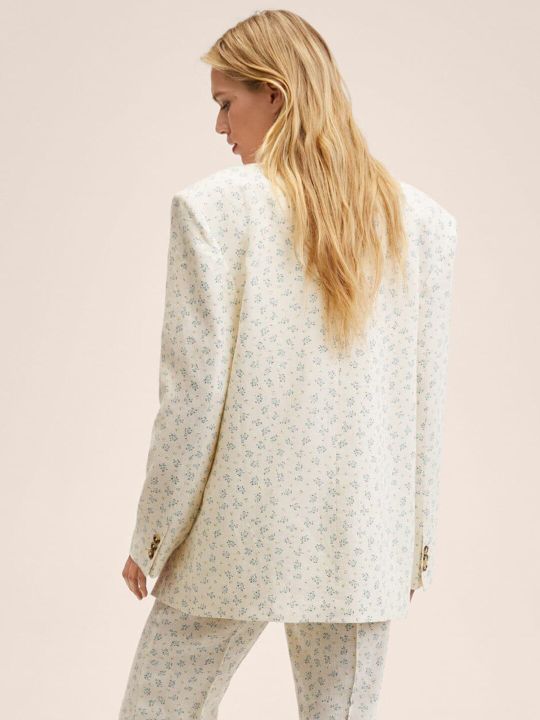 MANGO Women Off-White & Blue Floral Print Oversized Single-Breasted Smart Casual Blazer