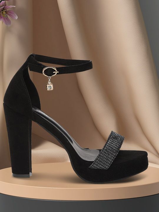 Marc Loire Black Embellished PU Block Sandals