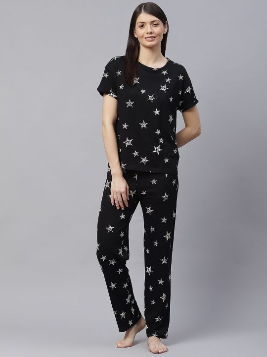 Marks & Spencer Women Black & White Printed Cotton Night suit