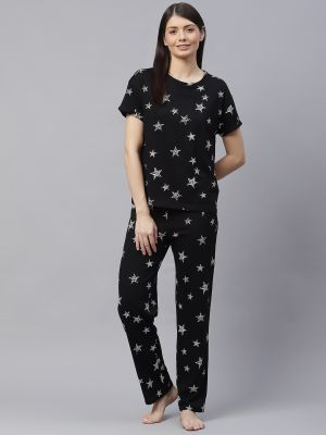 Marks & Spencer Women Black & White Printed Cotton Night suit