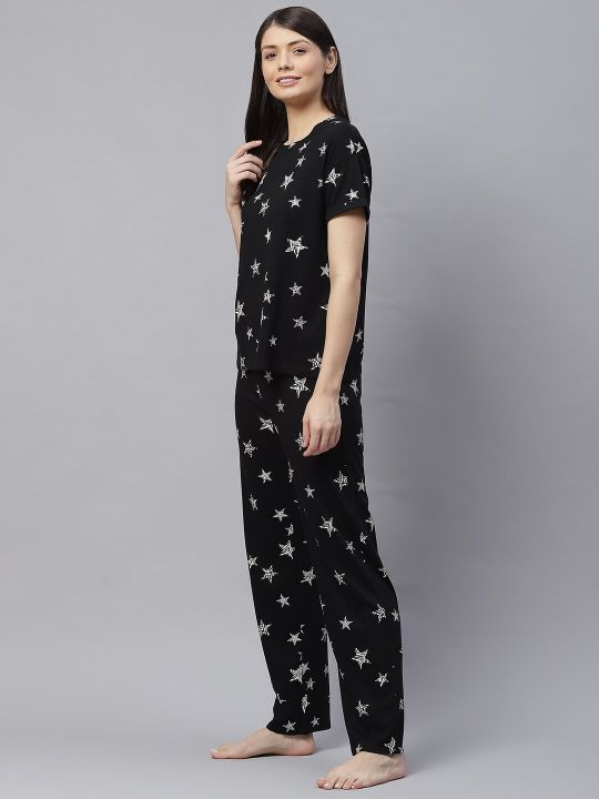 Marks & Spencer Women Black & White Printed Cotton Night suit