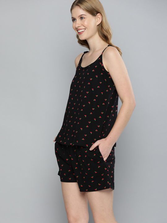 Mast & Harbour Women Black & Red Cherry Print Cotton Night suit with Fabric Pouch