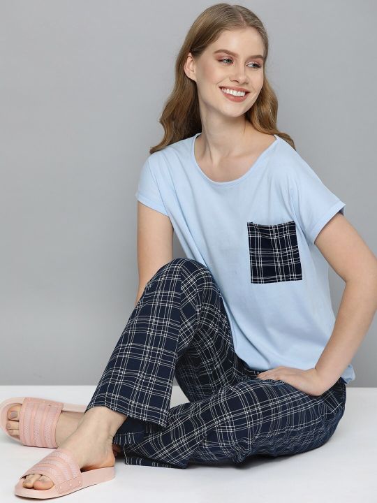 Mast & Harbour Women Blue & White Solid Detailed Pocket Night Suit