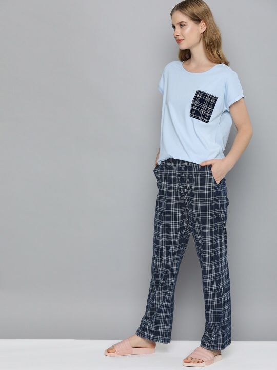 Mast & Harbour Women Blue & White Solid Detailed Pocket Night Suit