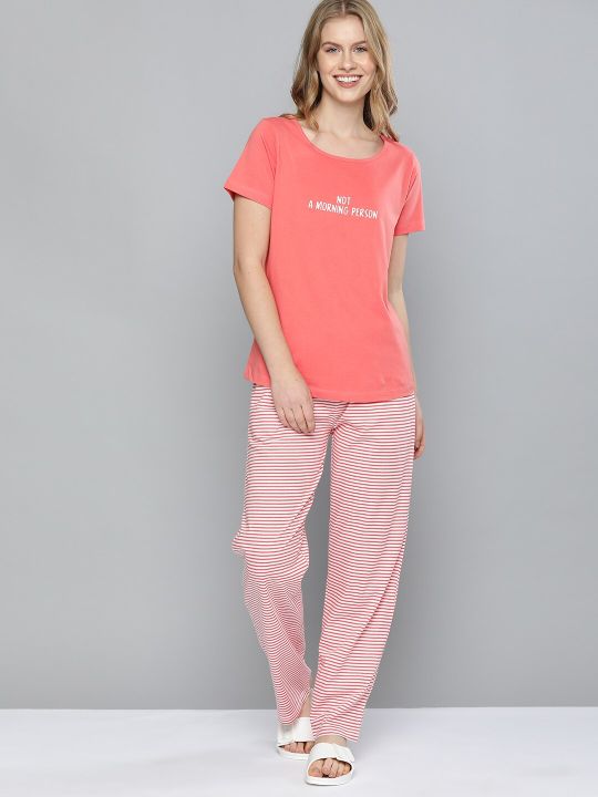 Mast & Harbour Women Coral & White Printed Night suit with Fabric Pouch