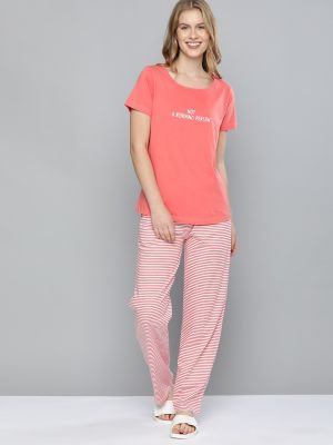 Mast & Harbour Women Coral & White Printed Night suit with Fabric Pouch