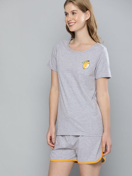 Mast & Harbour Women Grey Melange Solid Night suit