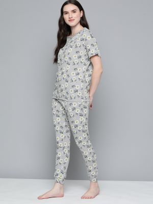 Mast & Harbour Women Grey Melange & White Floral Printed Jogger Set