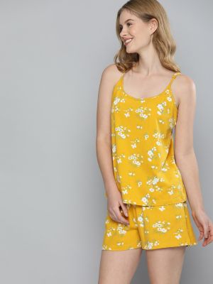 Mast & Harbour Women Mustard & White Floral Print Night suit with Fabric Pouch