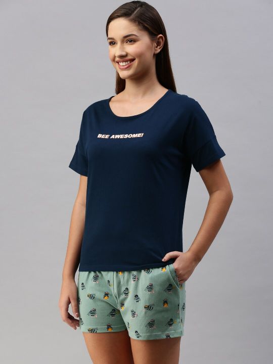 Mast & Harbour Women Navy Blue & Sea Green Printed Night suit