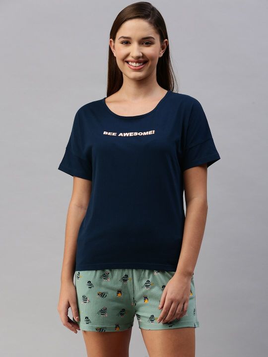 Mast & Harbour Women Navy Blue & Sea Green Printed Night suit