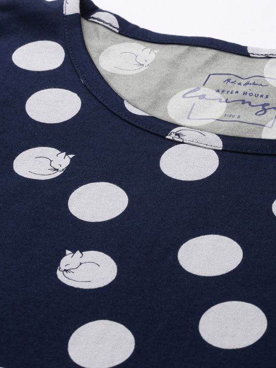 Mast & Harbour Women Navy Blue & White Polka Dot Printed Night Suit