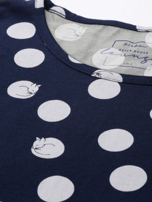 Mast & Harbour Women Navy Blue & White Polka Dot Printed Night Suit